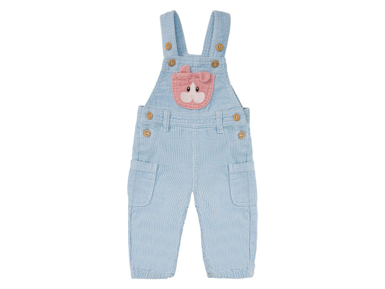 Blaue Baby-Latzhosen mit Tiermotiv.