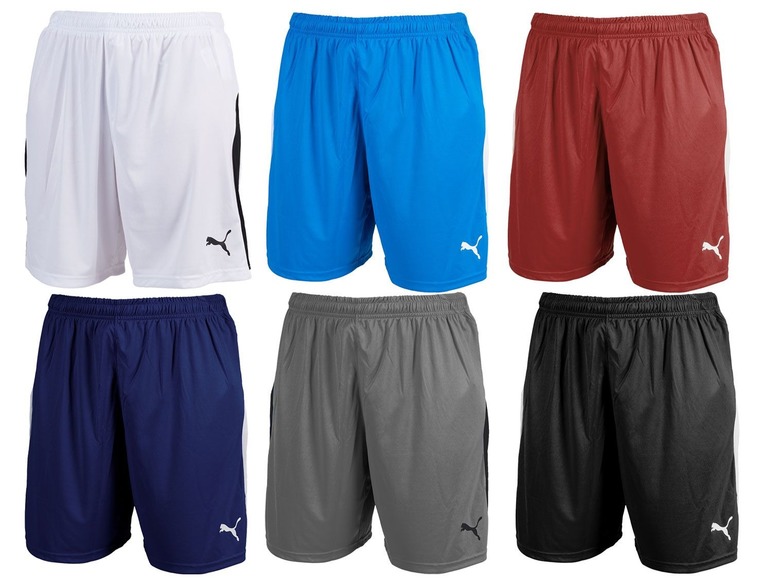 Sechs verschiedene Farben von Puma Fußballshorts
