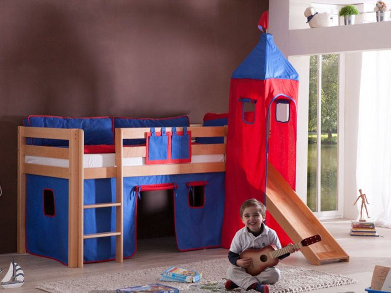 Gehe zu Vollbildansicht: Relita Spielbett Hochbett Kinderbett ALEX mit Rutsche/Turm Buche massiv natur lackiert mit Stoffset - Bild 1