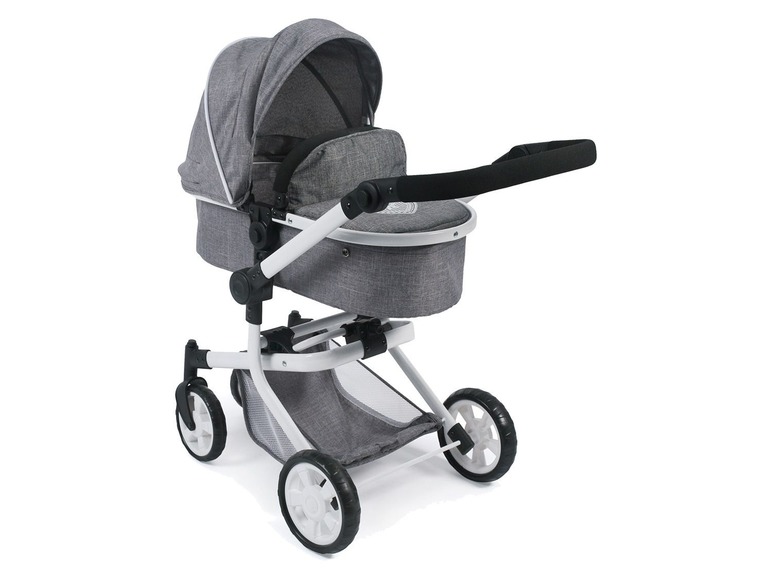 Ein grauer Kinderwagen mit weißem Gestell.