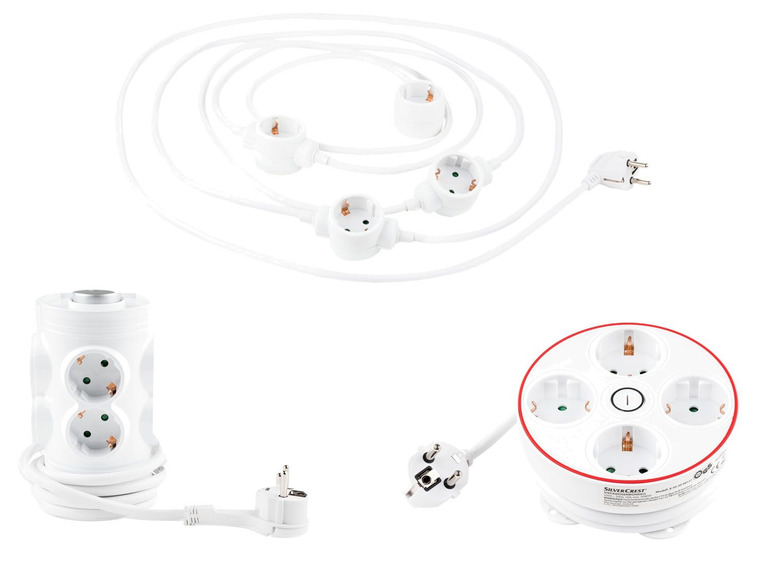 Eine weiße Steckdose mit mehreren Steckdosen, darunter ein Modell von Silvercrest.
