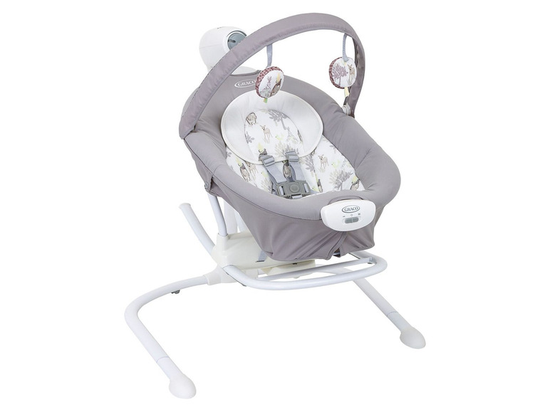 Ein grauer Graco Babywippe mit weißem Gestell und Tiermuster.