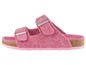 Rosa Woll-Sandalen mit Schnallen und Korksohle.