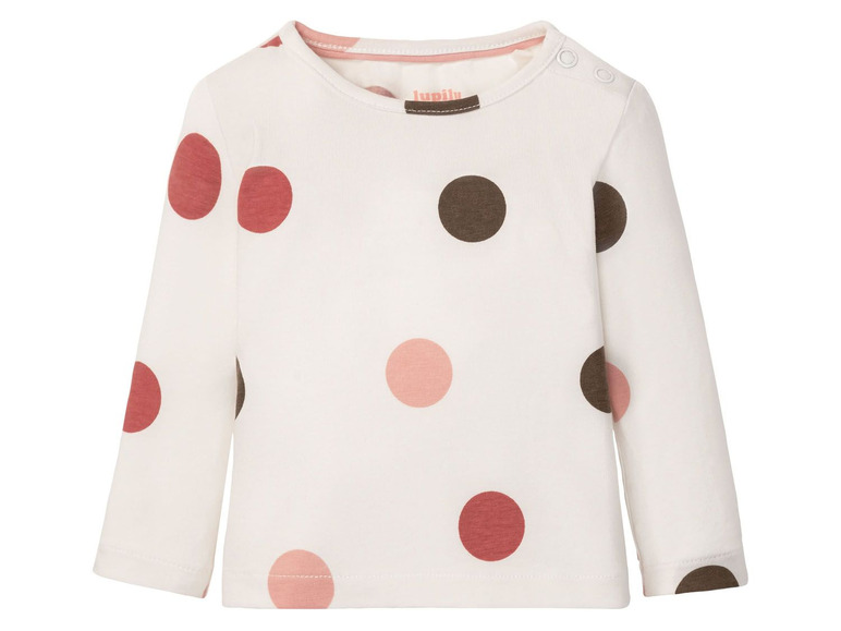 Weißes Langarmshirt für Babys mit rosa und braunen Punkten.