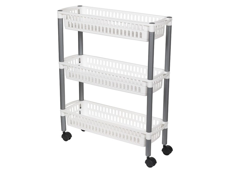Drei-stufiger Aufbewahrungswagen mit Körben und Rollen.