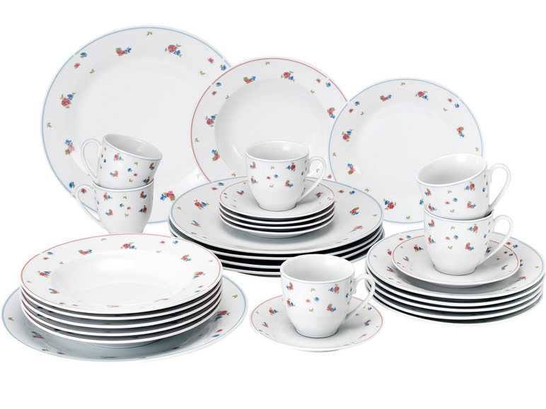 Ein Geschirr-Set mit Blumenmuster, einschließlich Teller und Tassen.