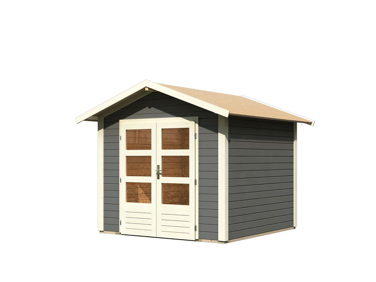 Ein Gartenhaus aus Holz mit Doppeltüren.