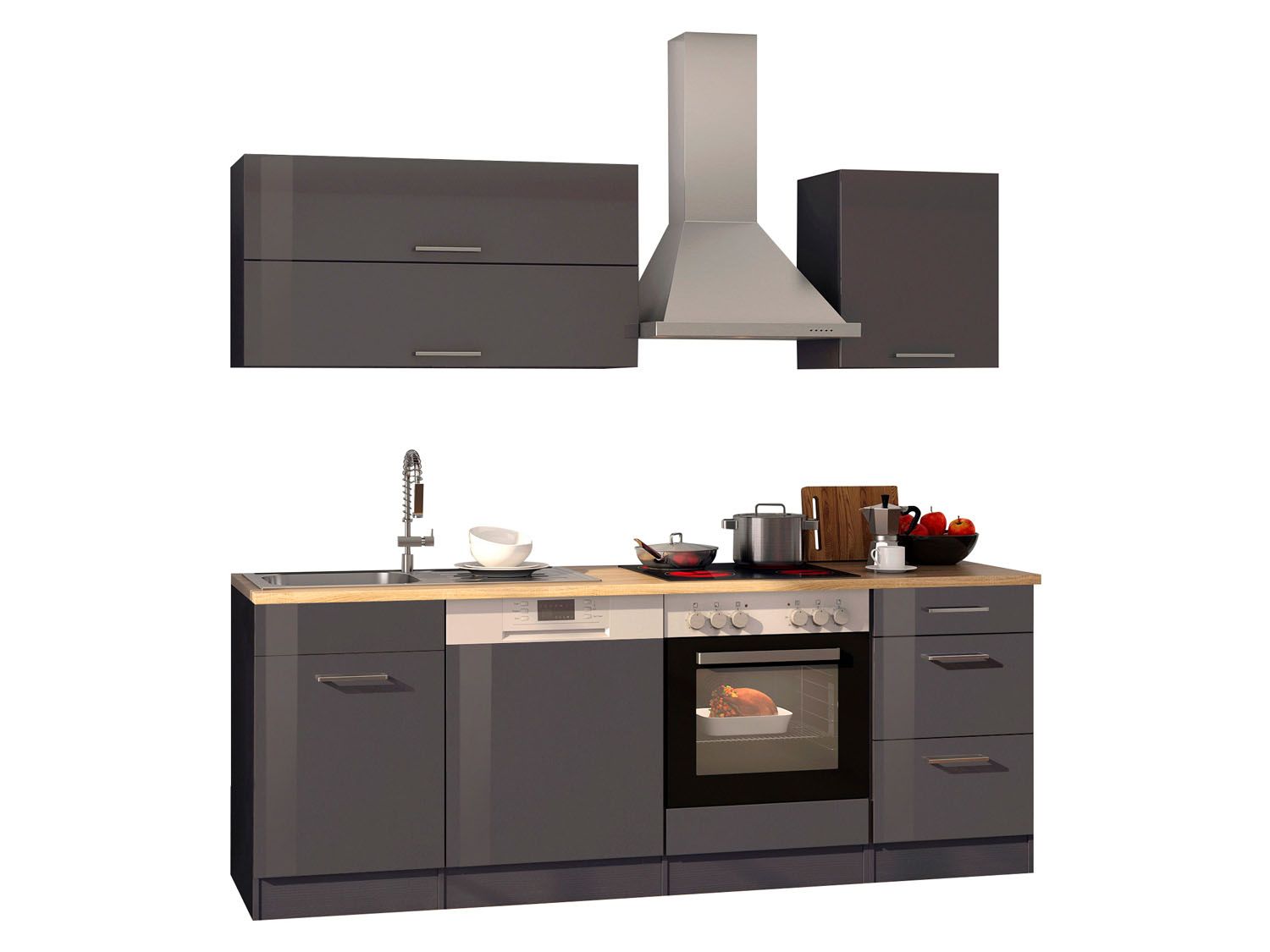 HELD Küchenzeile Mailand 220-390cm (inkl. E-Geräte, Hochglanz-grau/eiche sonoma, 220 cm) | 04251639434469