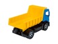 Gelber Spielzeug-Kipplaster mit blauer Kabine.