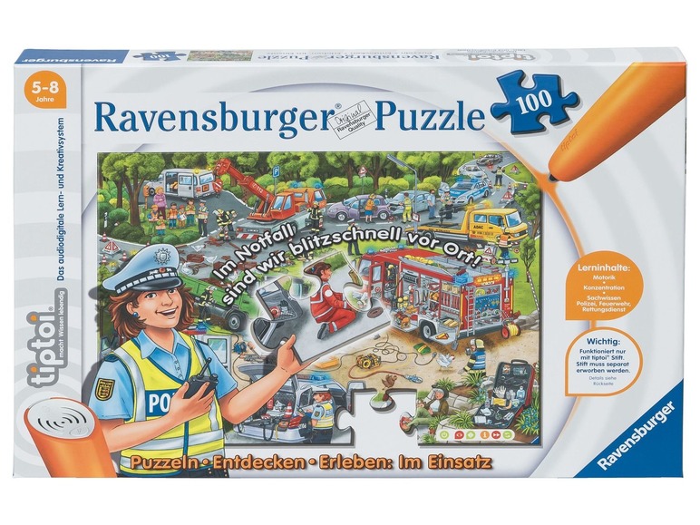 Ein Ravensburger Puzzle mit 100 Teilen und einem Polizisten in Aktion, geeignet für Kinder von 5-8 Jahren.
