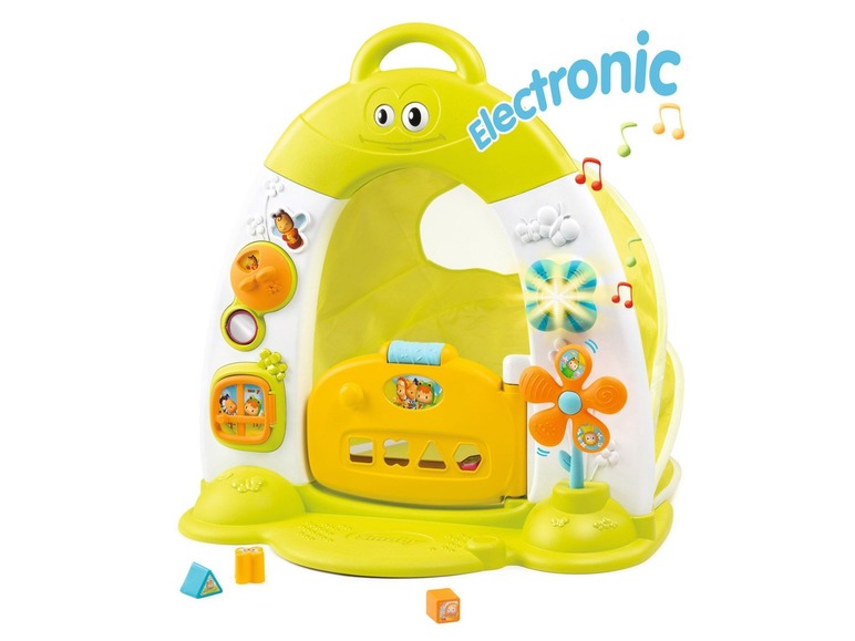 Elektronische Baby-Spielmatte mit Blumen und Blöcken.