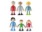 Ein Set aus sechs Spielzeugpuppen, darunter ein Großelternpaar, zwei Kinder und ein junges Paar.