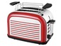 Ein roter und silberner Retro-Toaster mit zwei Schlitzen.