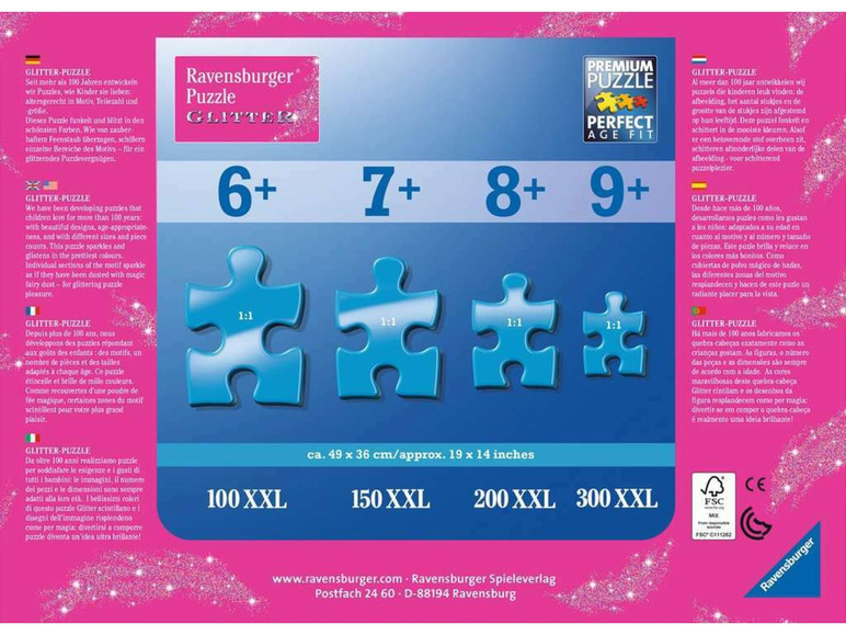 Ravensburger Glitter-Puzzles in verschiedenen Größen für Kinder von 6 bis 9 Jahren.