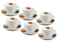Sechs Tassen Cappuccino mit Keksen auf Untertassen