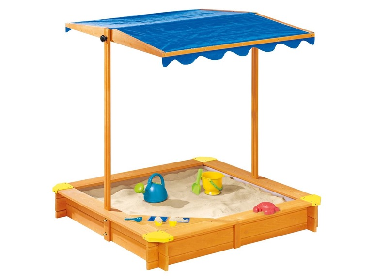 Gehe zu Vollbildansicht: Playtive JUNIOR PLAYTIVE® JUNIOR Sandkasten, 118 x 118 x 118 cm, mit Dach und Eisdiele, aus Massivholz - Bild 1