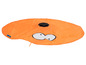 Ein orangefarbenes Katzenspielzeug mit einem drehenden, beweglichen Teil und großen Augen.