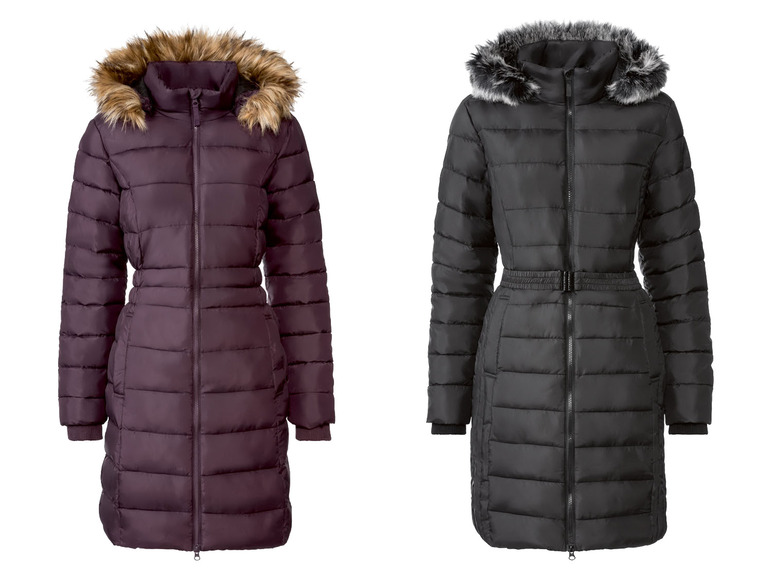 Zwei lange Winterjacken mit Kapuze und Pelzkragen.