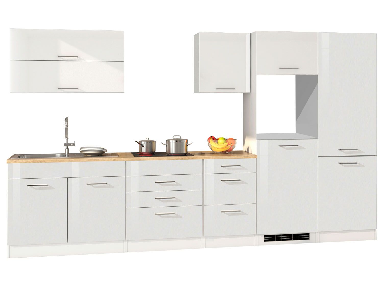 HELD Küchenzeile Mailand 220-390cm (ohne E-Geräte, Hochglanz-weiß/eiche sonoma, 350 cm) | 04251639435022