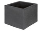 Ein quadratischer, dunkelgrauer Blumentopf.