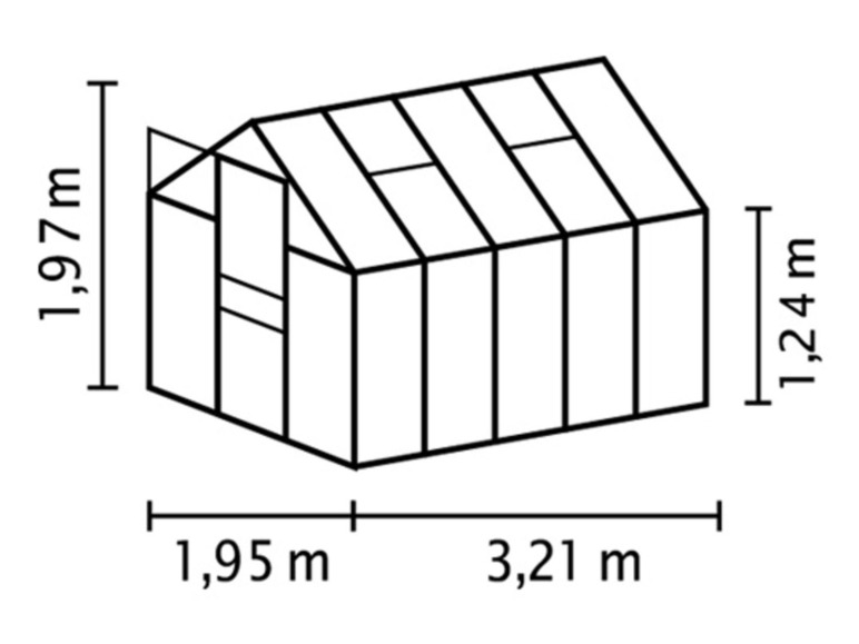 Maße eines Gewächshauses mit Flachdach.