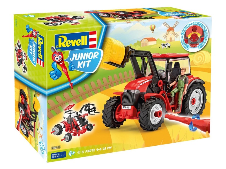 Revell Junior Kit Bausatz für einen roten Traktor mit Fahrer.