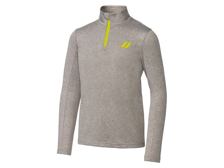 Ein graues Langarmshirt mit gelbem Reißverschluss und N-Logo.