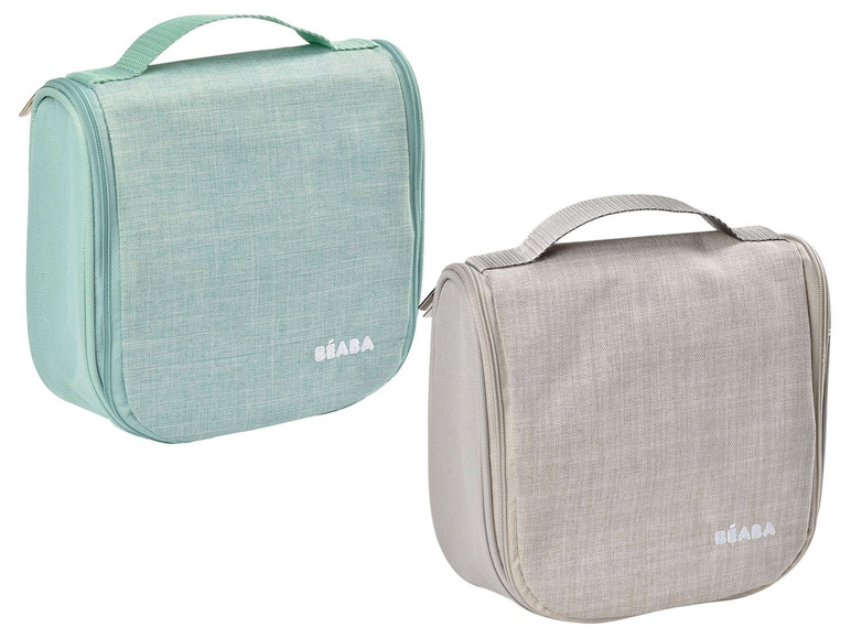 Zwei Béaba Toilettaschen in Grau und Hellgrün.