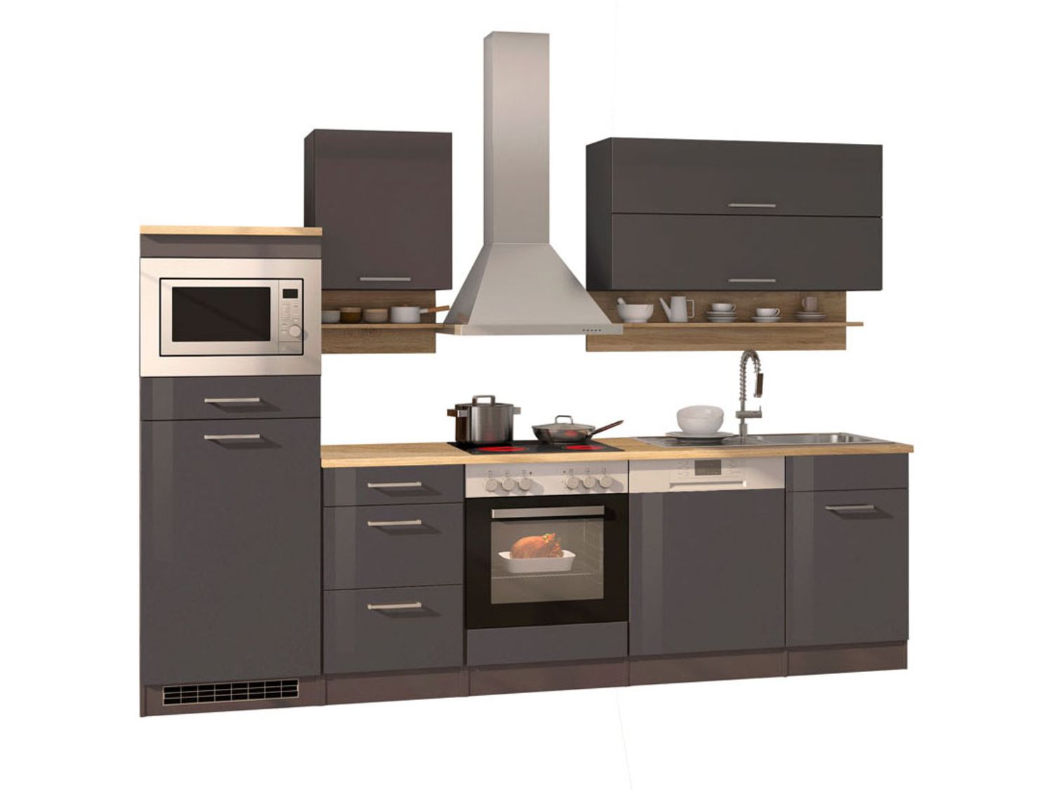 HELD Küchenzeile Mailand 220-390cm (inkl. E-Geräte, Hochglanz-grau/eiche sonoma, 280 cm) | 04251639434544