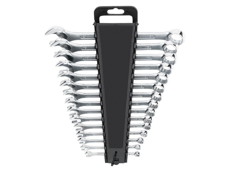 Ein Satz Ringschlüssel in einem schwarzen Halter.