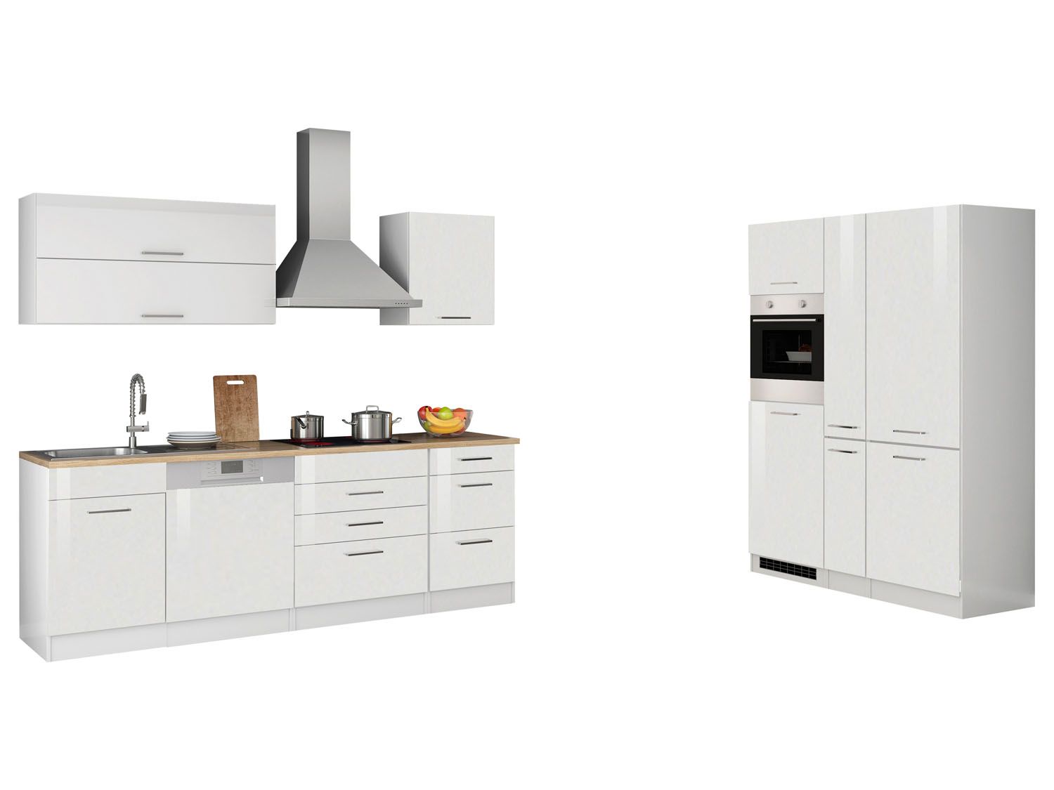 HELD Küchenzeile Mailand 220-390cm (inkl. E-Geräte, Hochglanz-weiß/eiche sonoma, 390 cm)““ | 1 Arbeitsplatte 220 cm, 1x Einbauspüle Zubehör und Sonstiges: Küchenutensilien und Dekorationsartikel nicht im Lieferumfang enthalten Material: Spanplatte/MDF Lieferumfang: Alle Holzteile sind zerlegt zum Selbstaufbau. Maße: Küchenzeile: ca. B 220 x H 200 x T 60 cm Gewicht: Küchenzeile: ca. 133 kg Breite 220 cm – mit E-Geräten Held Küchenzeile »Mailand«