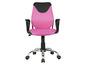 Ein rosa Bürostuhl mit Armlehnen und Rollen.