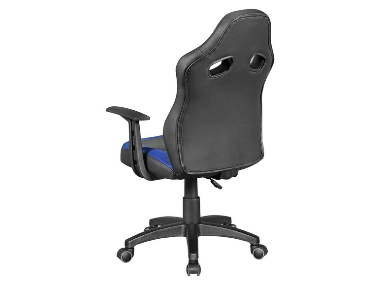 Ein schwarzer und blauer Gaming-Stuhl mit Rollen