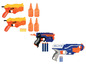 Nerf-Blaster-Set mit zwei orangen Pistolen, einem blauen 'Firestrike' und einem grauen 'Disruptor'