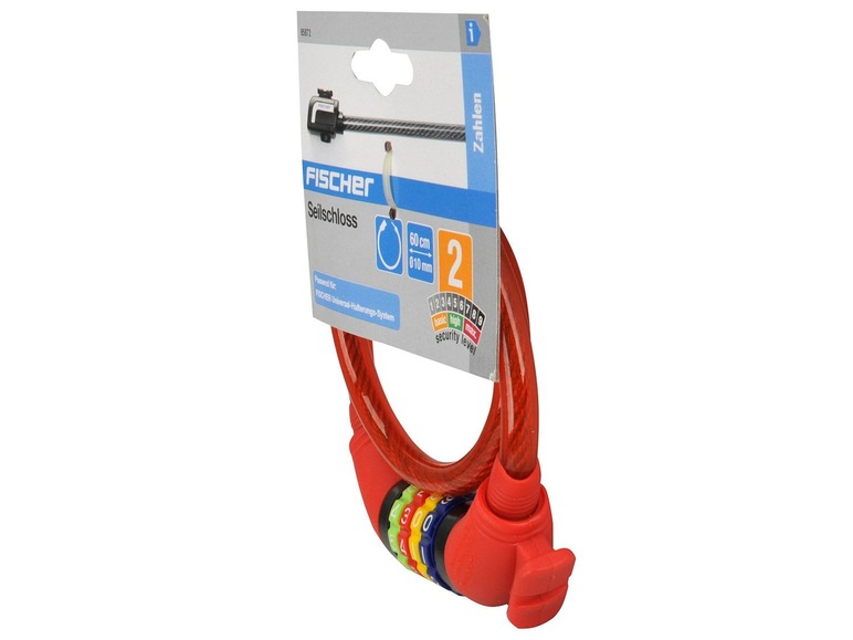 Ein rotes Fischer Kabelschloss mit Zahlenkombination.