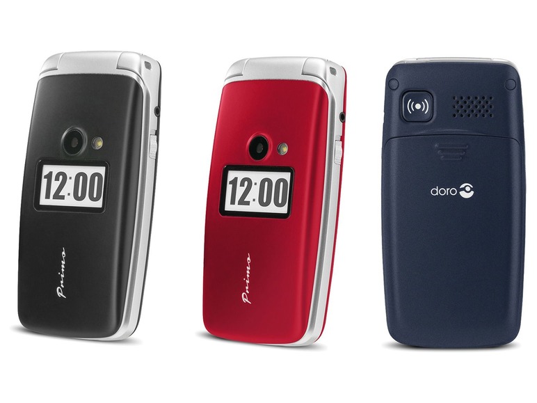 Drei Prima Klapphandys, darunter ein schwarzes, ein rotes und ein blaues Doro.