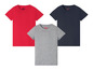 Drei Basic-T-Shirts in Rot, Grau und Dunkelblau.