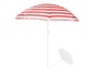 Ein rot-weiß gestreifter Sonnenschirm.