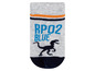 Ein Paar graue Socken mit einem Dinosaurier-Motiv und blauen Akzenten.