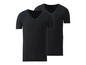 Zwei schwarze T-Shirts mit V-Ausschnitt.