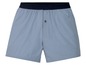 Ein Paar blaue Boxershorts mit dunkelblauem Gummizug.