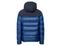 Blaue Winterjacke mit Kapuze.