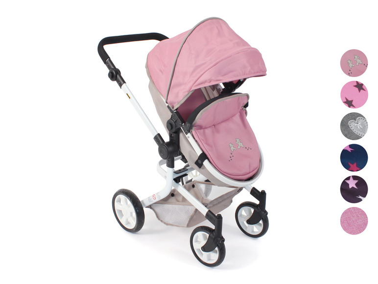 Ein rosa Kinderwagen mit Sternenmuster.