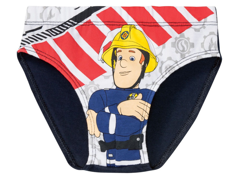Eine blaue Unterhose mit einem Bild von Feuerwehrmann Sam.