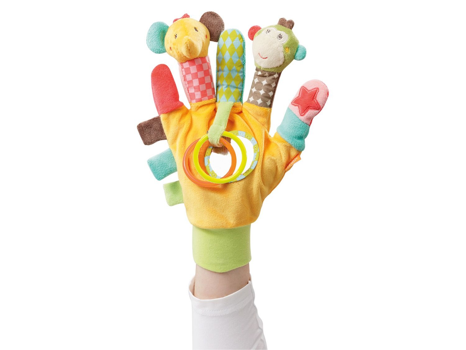 und Greifringen »Safari« Fingerpuppenhandschuh Spielhandschuh Fehn Rassel mit Spiegel