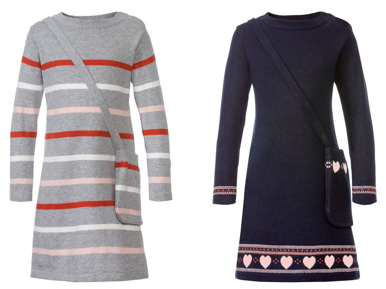 Zwei Strickkleider mit langen Ärmeln, eines gestreift in Rot und Weiß und eines dunkelblau mit Herz-Muster.
