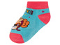 Ein Paar blaue Socken mit rosa Rand und einem Cartoon-Tier