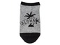 Graue Socken mit Palmen- und 'Aloha'-Motiv.