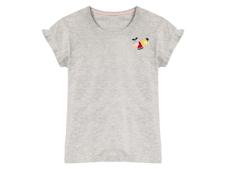 Ein graues T-Shirt mit kurzen Ärmeln und Fruchtmotiv.