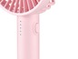 Ein rosa tragbarer Ventilator mit Batterieanzeige.